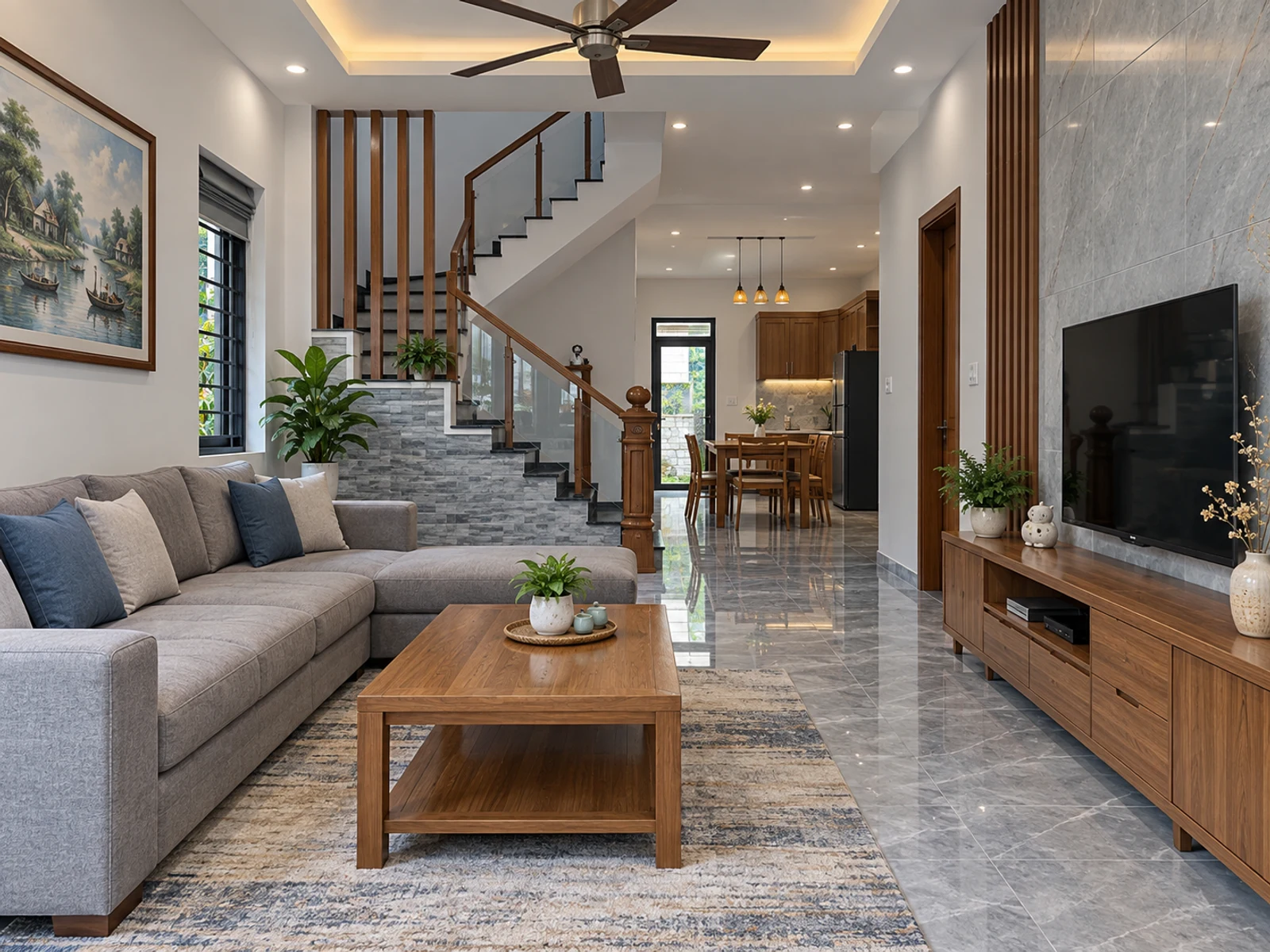 Nhà mái Thái 1 tầng chữ L sân trước rộng — phong khach