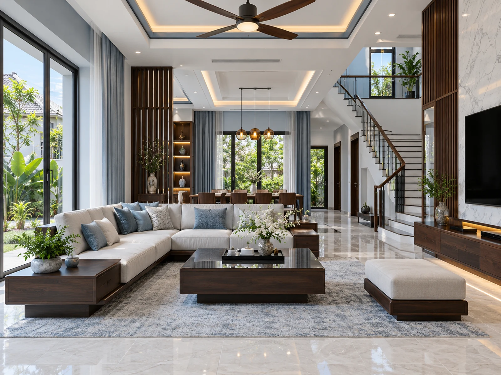 Biệt thự mái Nhật 2 tầng sân vườn rộng phong cách Wabi-Sabi — phong khach