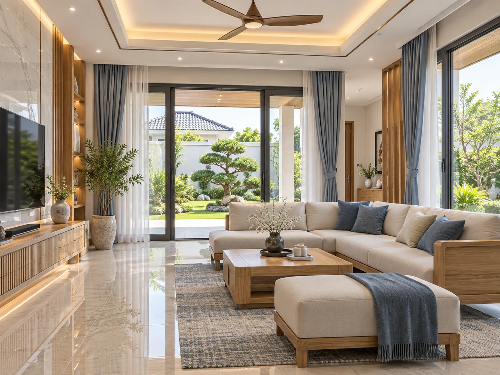 Thiết kế nhà mái Nhật 1 tầng sân vườn — phong khach