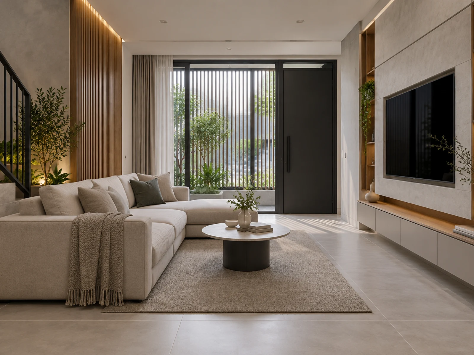 Nhà 3 tầng mặt tiền lam nhôm — phòng khách