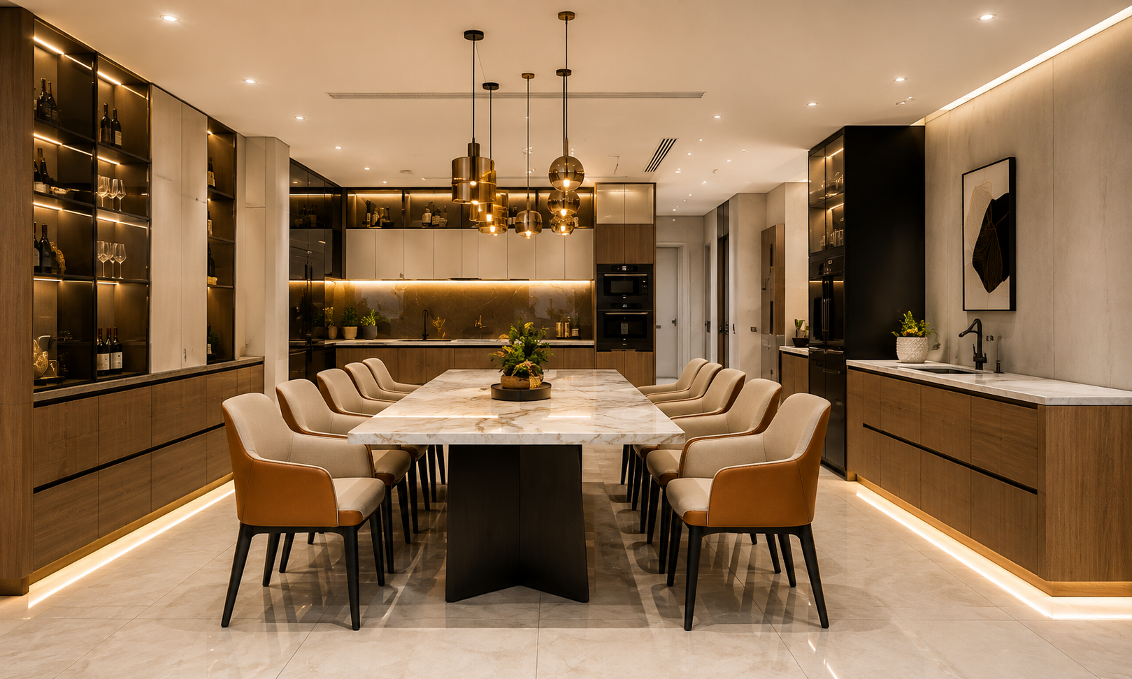 Phòng ngủ master với giường king size và view vườn