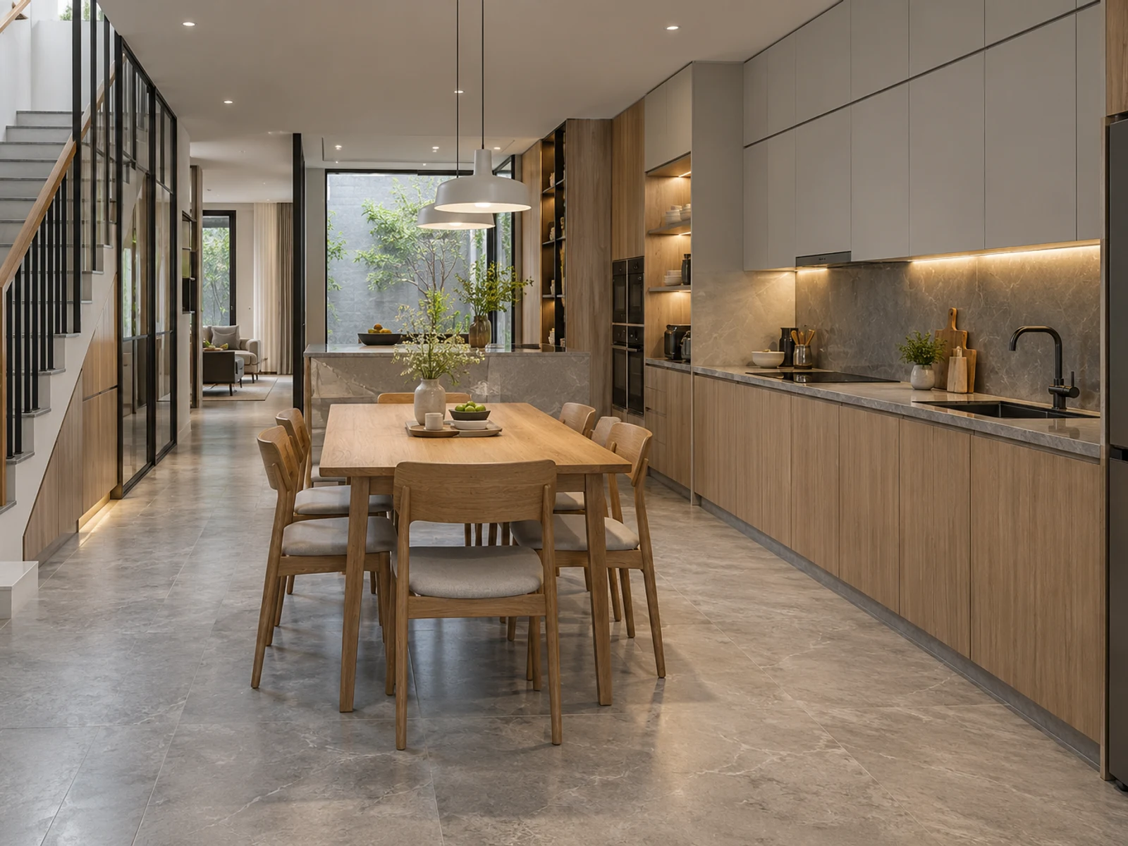 Nhà 3 tầng hiện đại sân trước rộng — bếp và bàn ăn