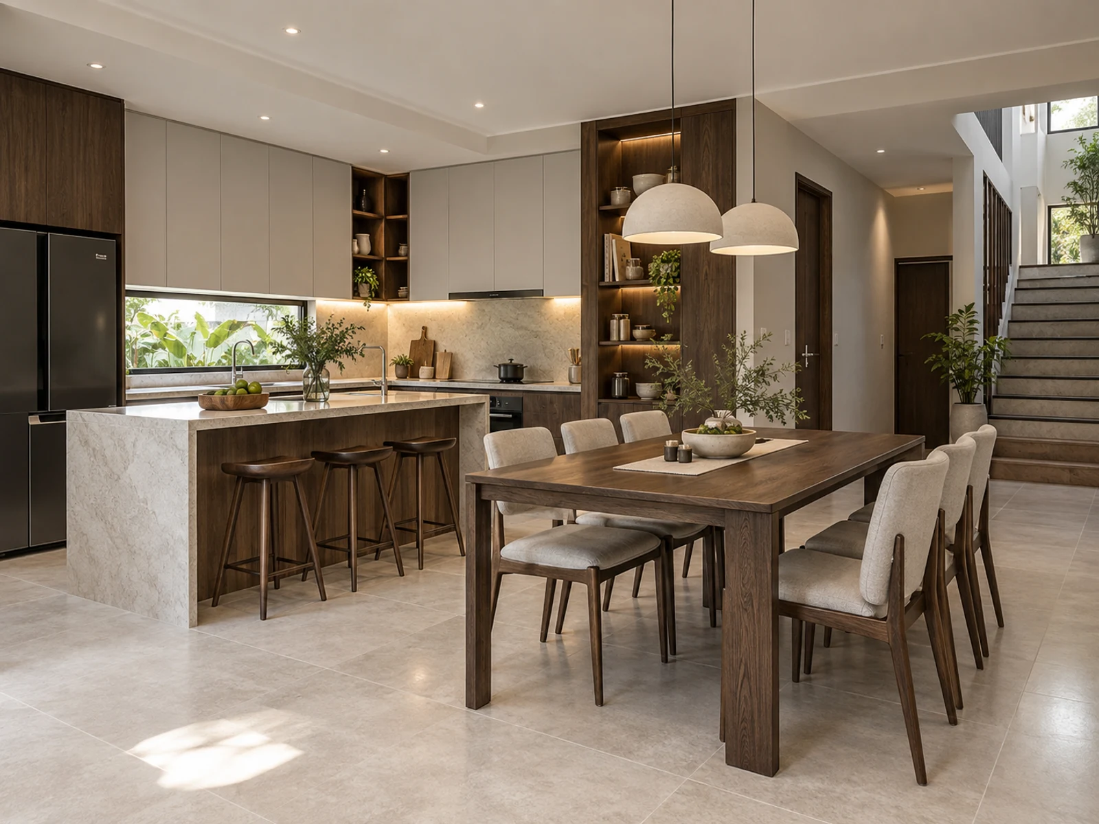 Nhà 2 tầng mặt tiền đá và kính — bếp và bàn ăn