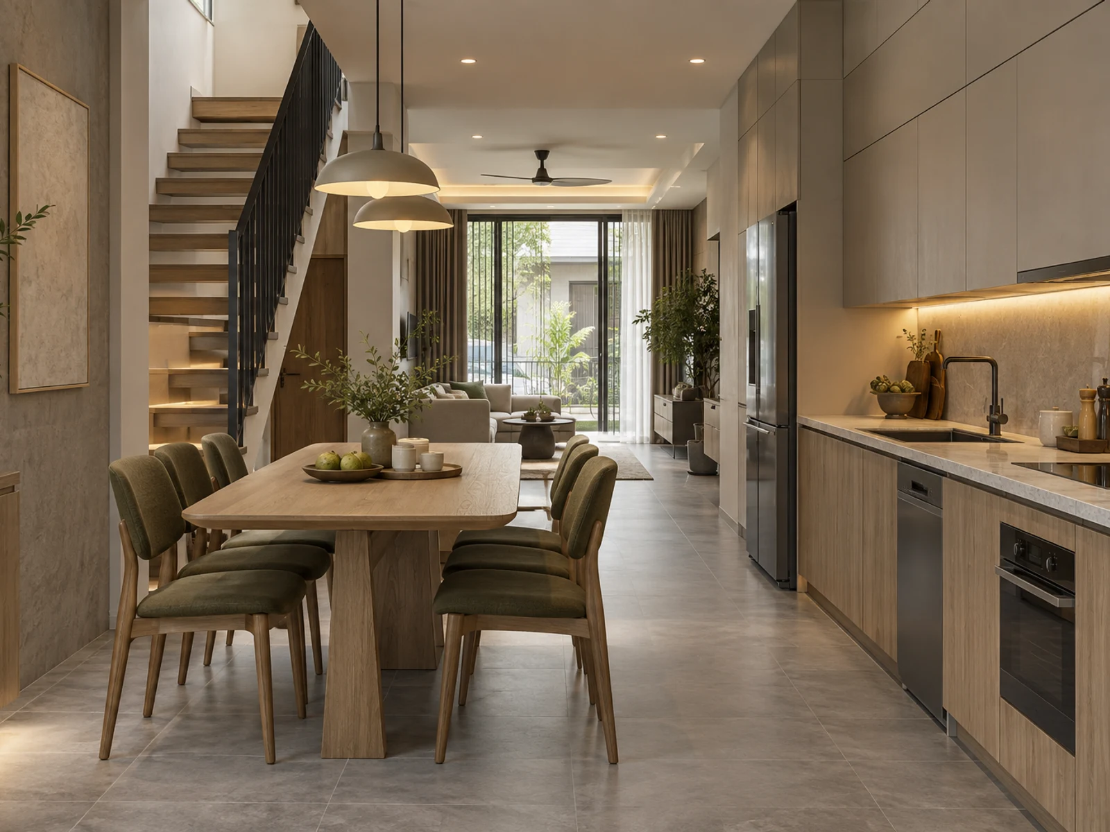 Nhà 3 tầng tone xám tối giản — bếp và bàn ăn