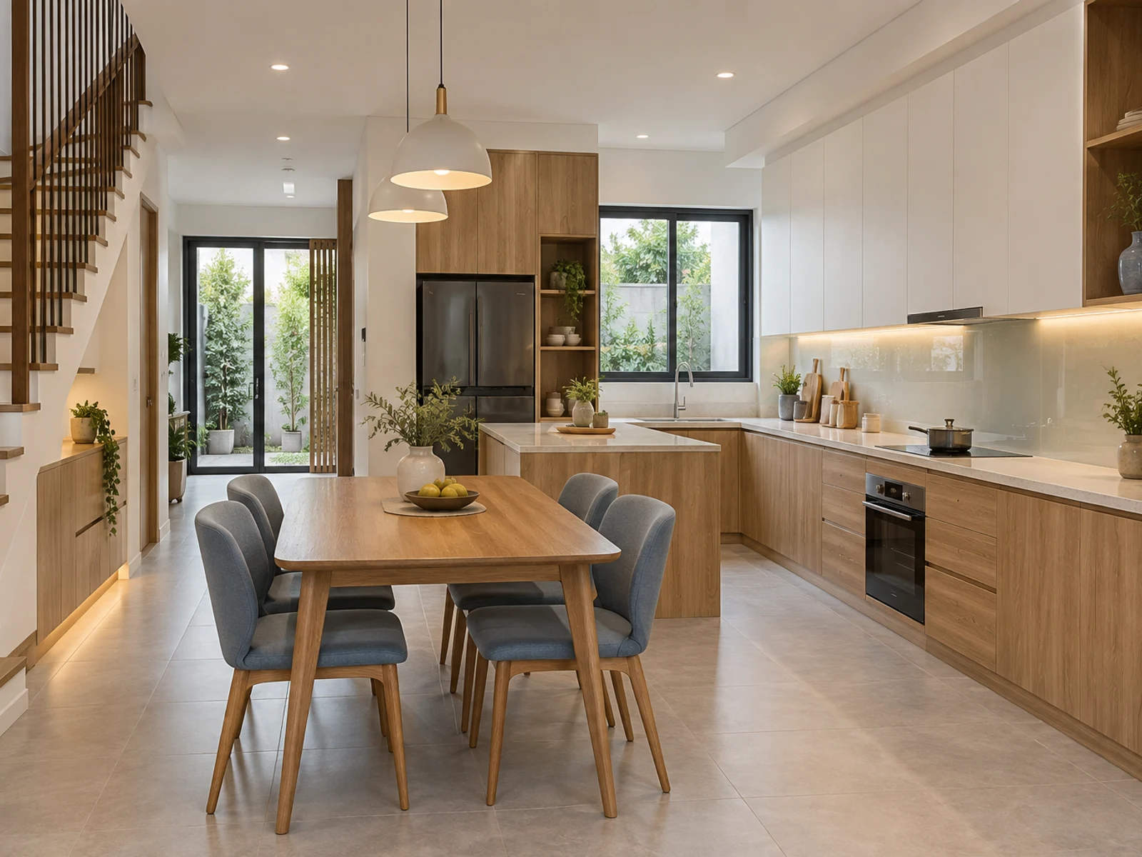 Nhà 3 tầng mặt tiền trắng và gỗ — bếp và bàn ăn