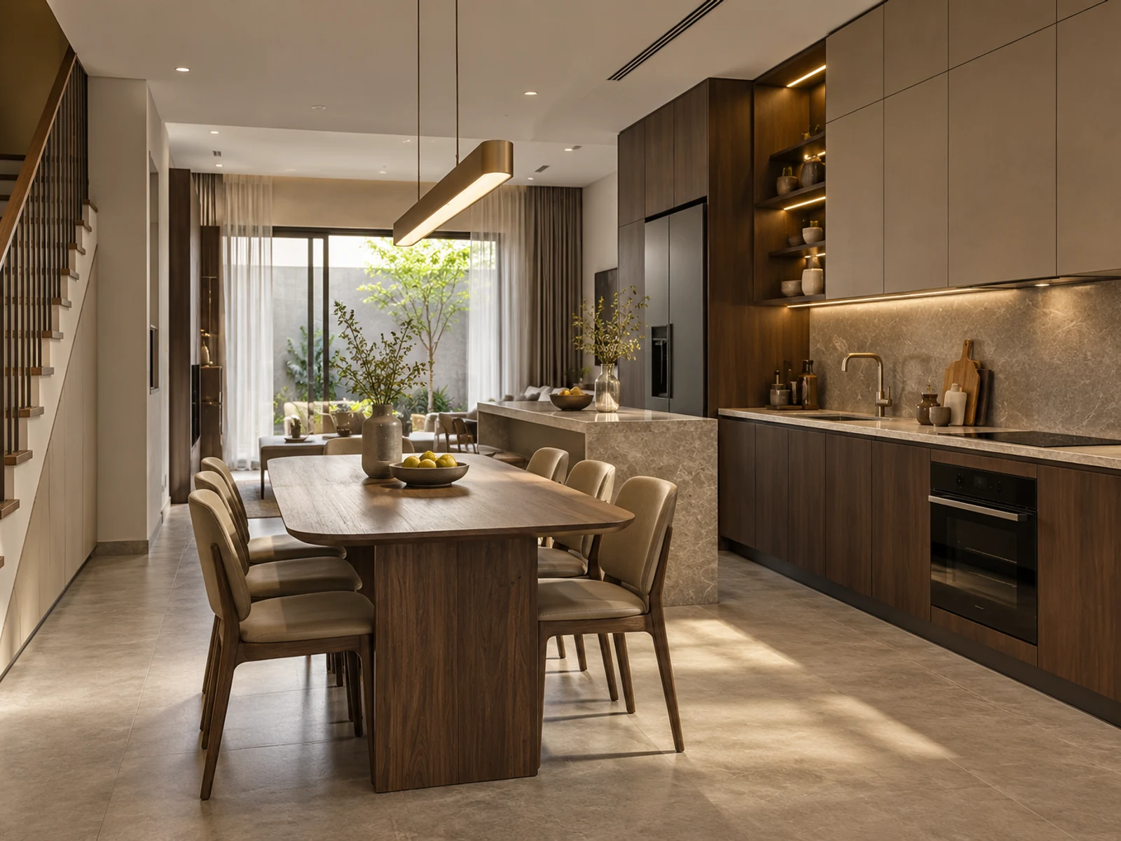 Nhà 3 tầng khối hộp kính lớn — bếp và bàn ăn