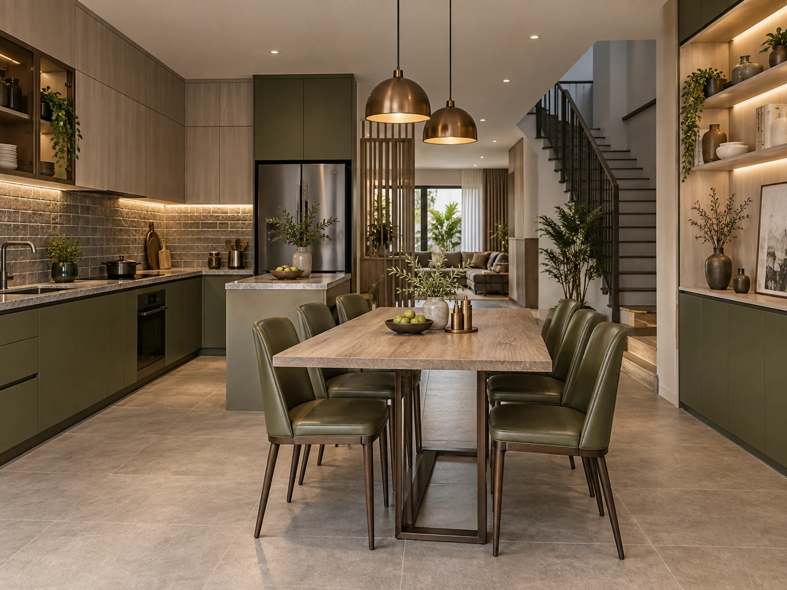 Nhà 2 tầng tone xám hiện đại — bếp và bàn ăn