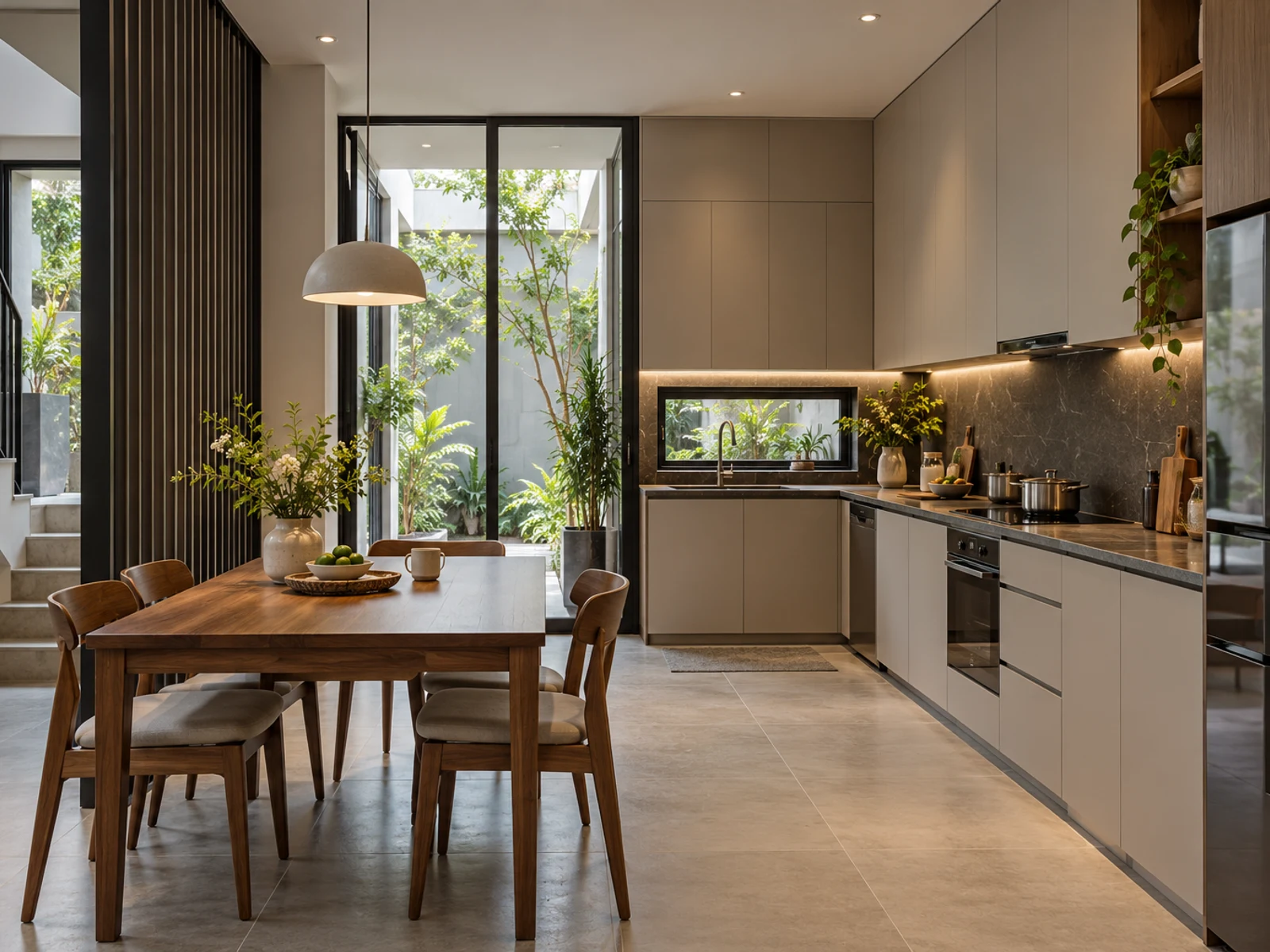 Nhà 3 tầng mặt tiền lam nhôm — bếp và bàn ăn