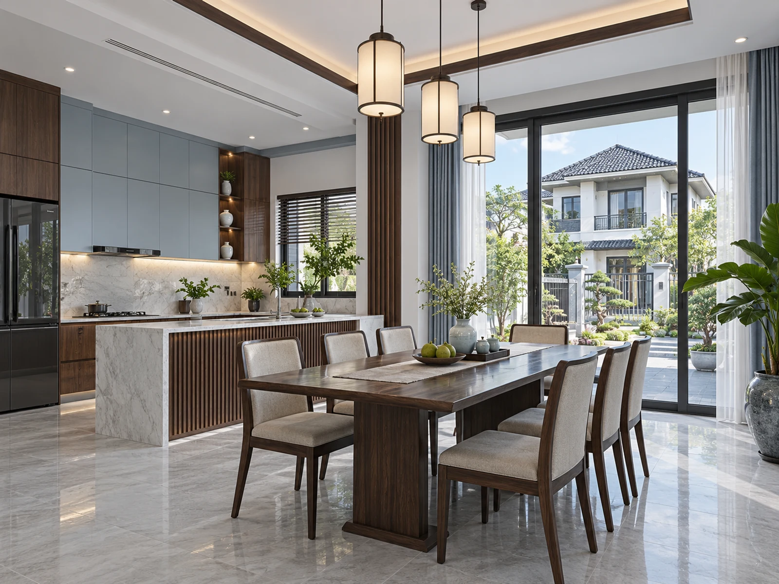 Biệt thự mái Nhật 2 tầng sân vườn rộng phong cách Wabi-Sabi — bep ban an
