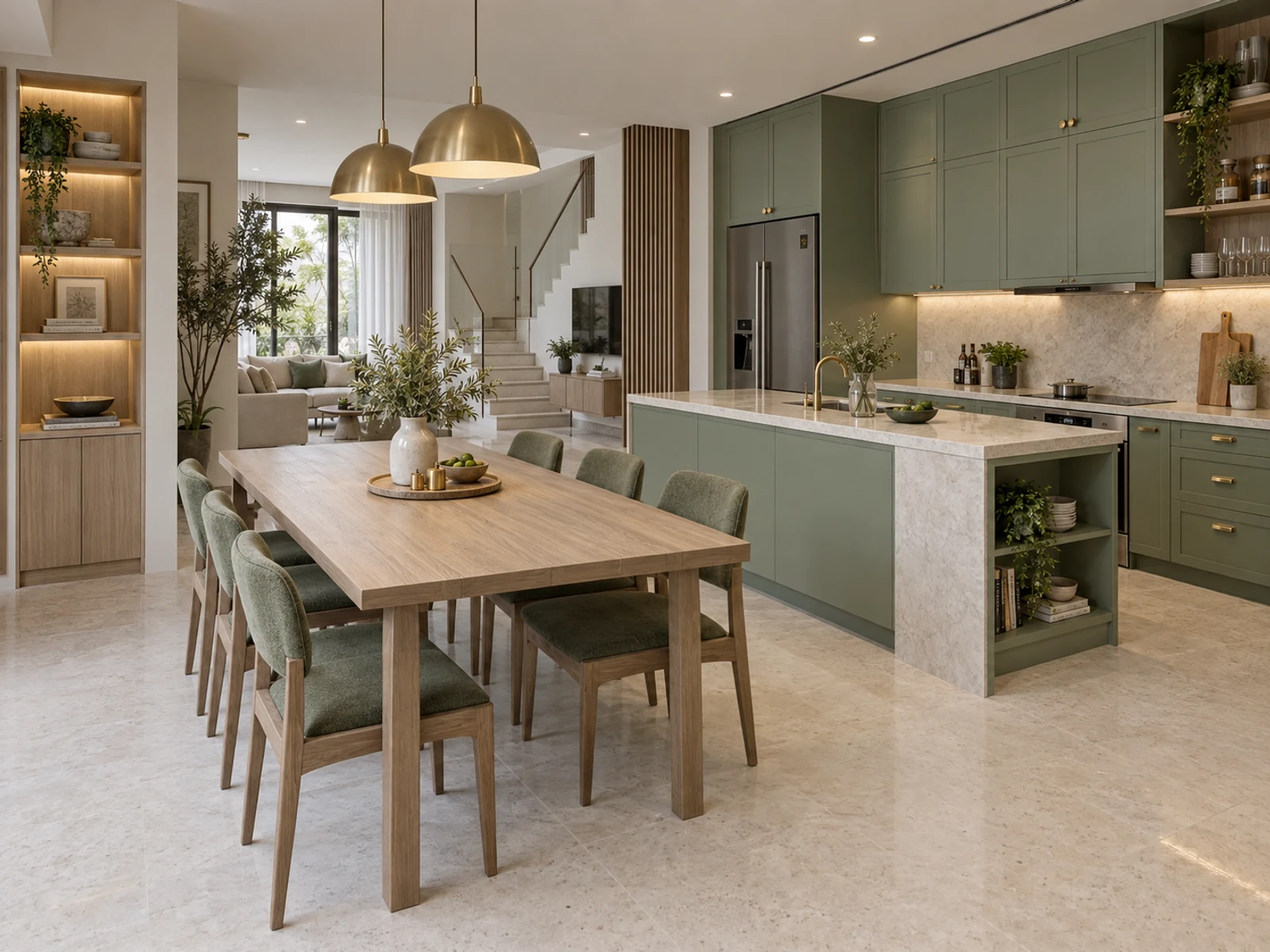 Nhà 2 tầng hiện đại sân trước rộng — bếp và bàn ăn