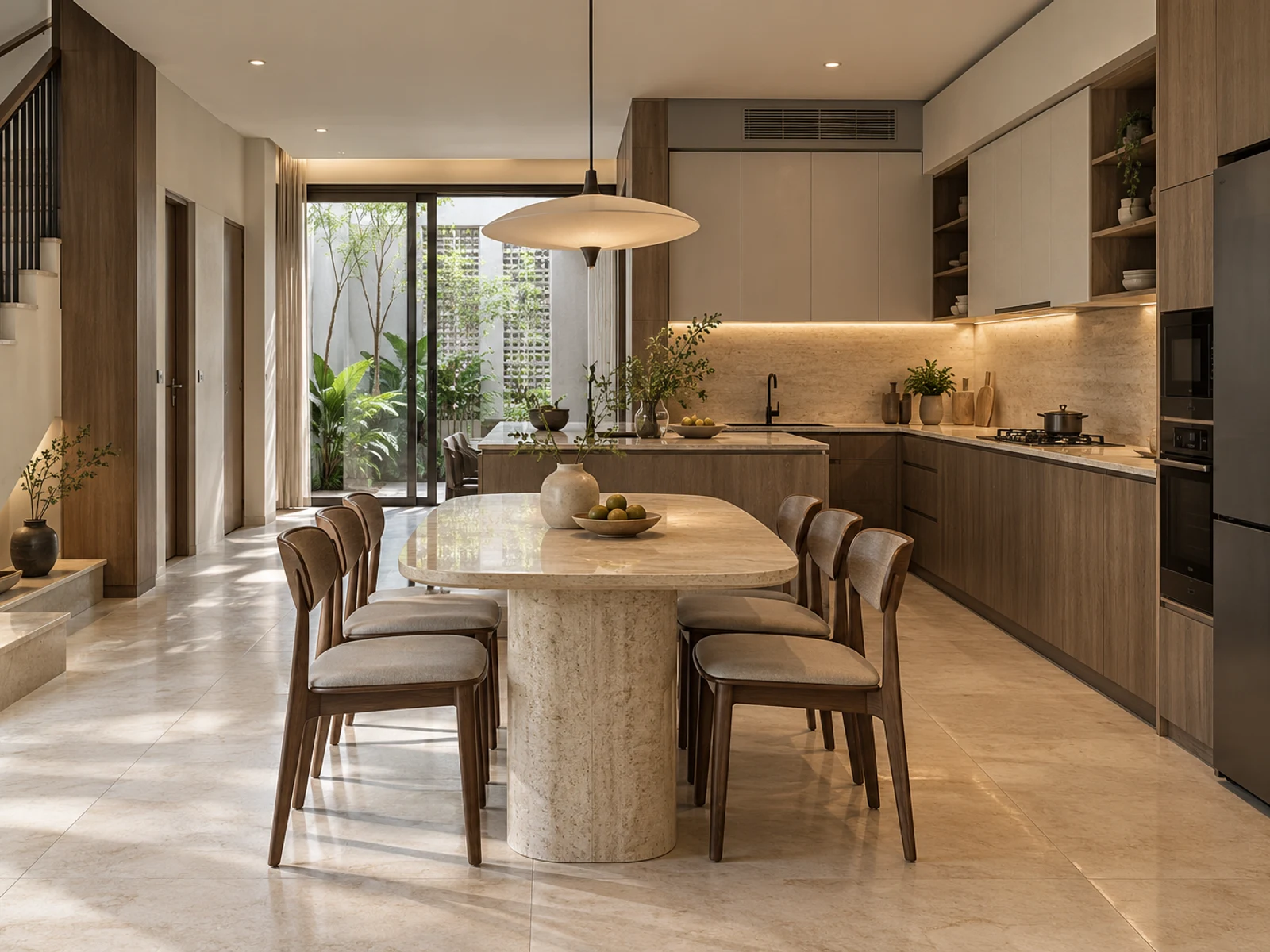 Nhà 3 tầng khối lệch đá sáng — bếp và bàn ăn
