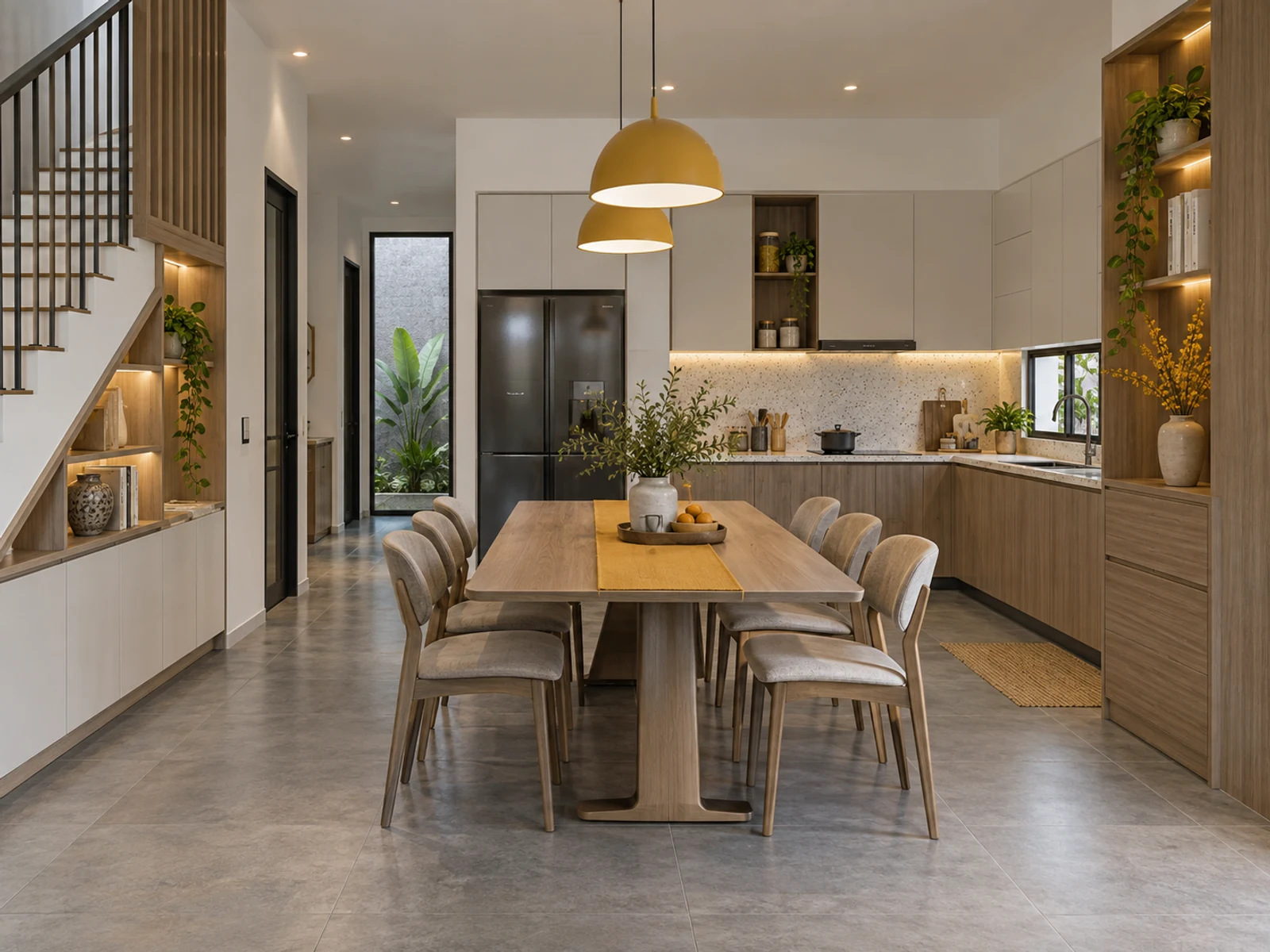 Nhà 2 tầng hiện đại sân sau thoáng — bếp và bàn ăn
