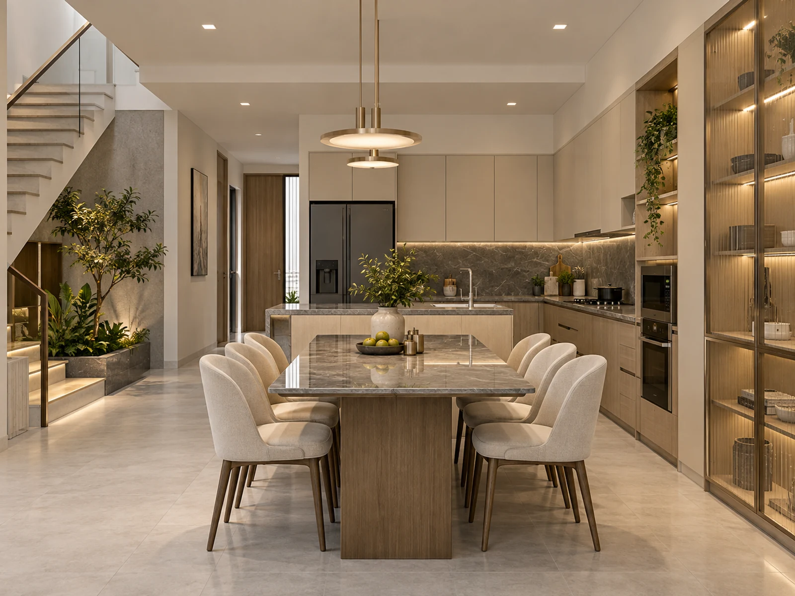 Nhà phố 2 tầng mặt tiền lam nhôm — bếp và bàn ăn