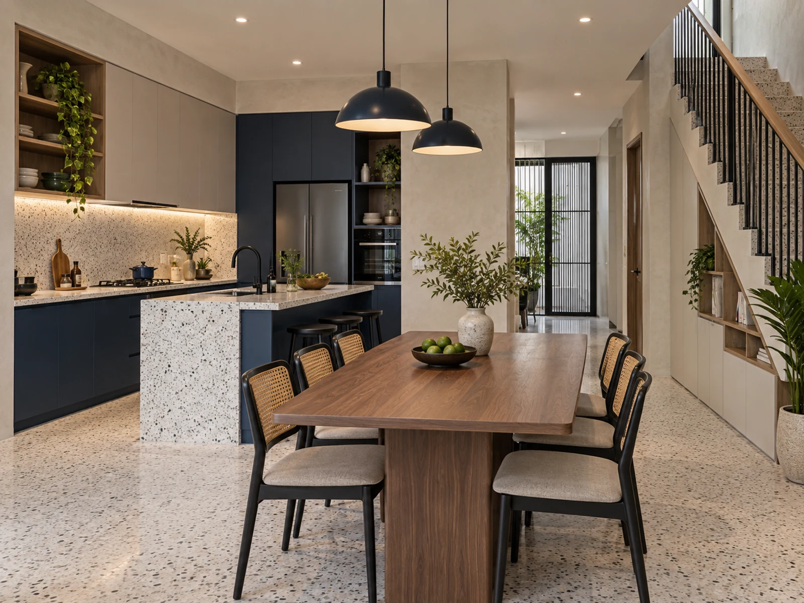Nhà 2 tầng hình khối lệch — bếp và bàn ăn
