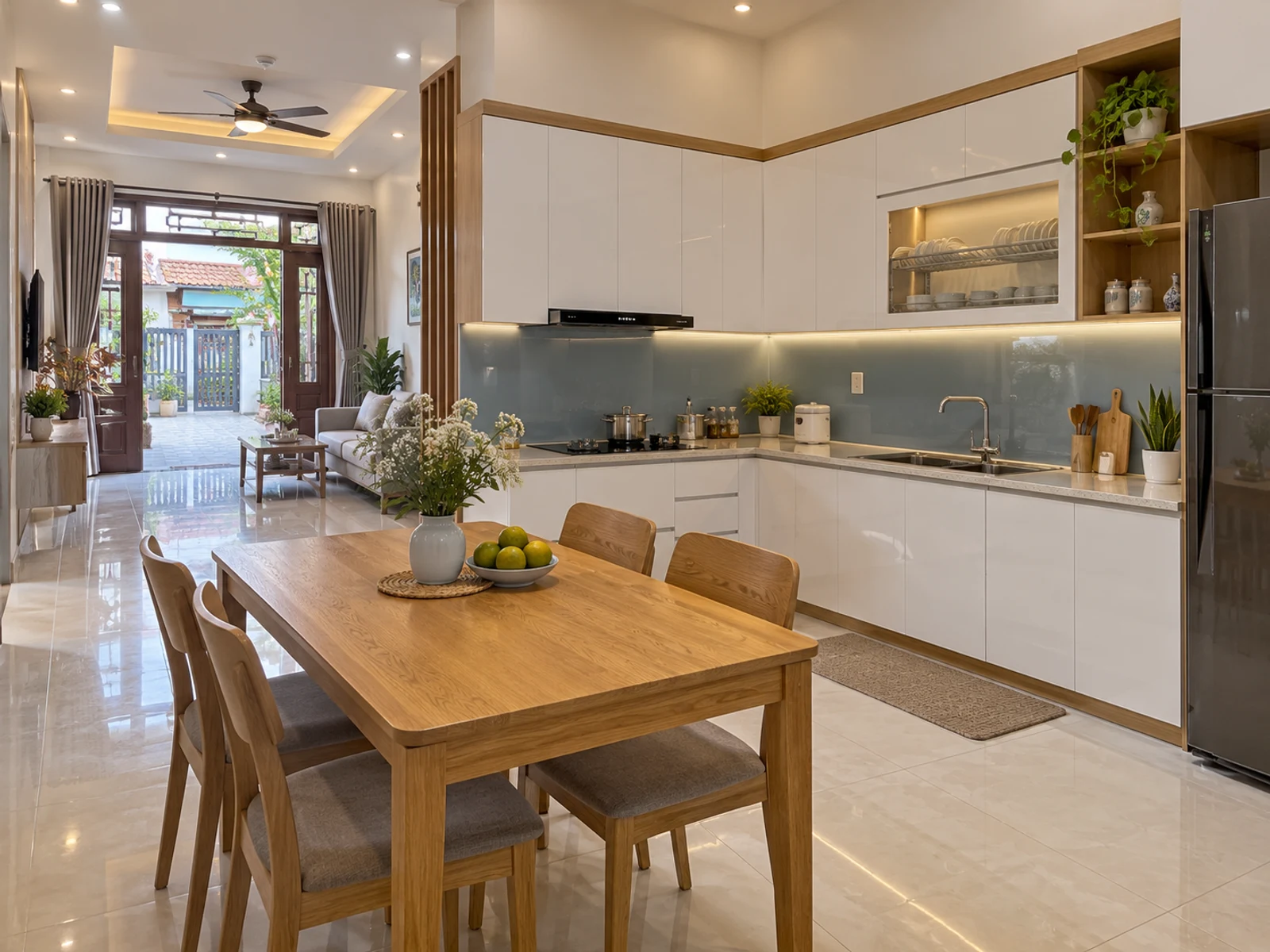 Nhà mái Thái 1 tầng chữ L sân trước rộng — bep ban an