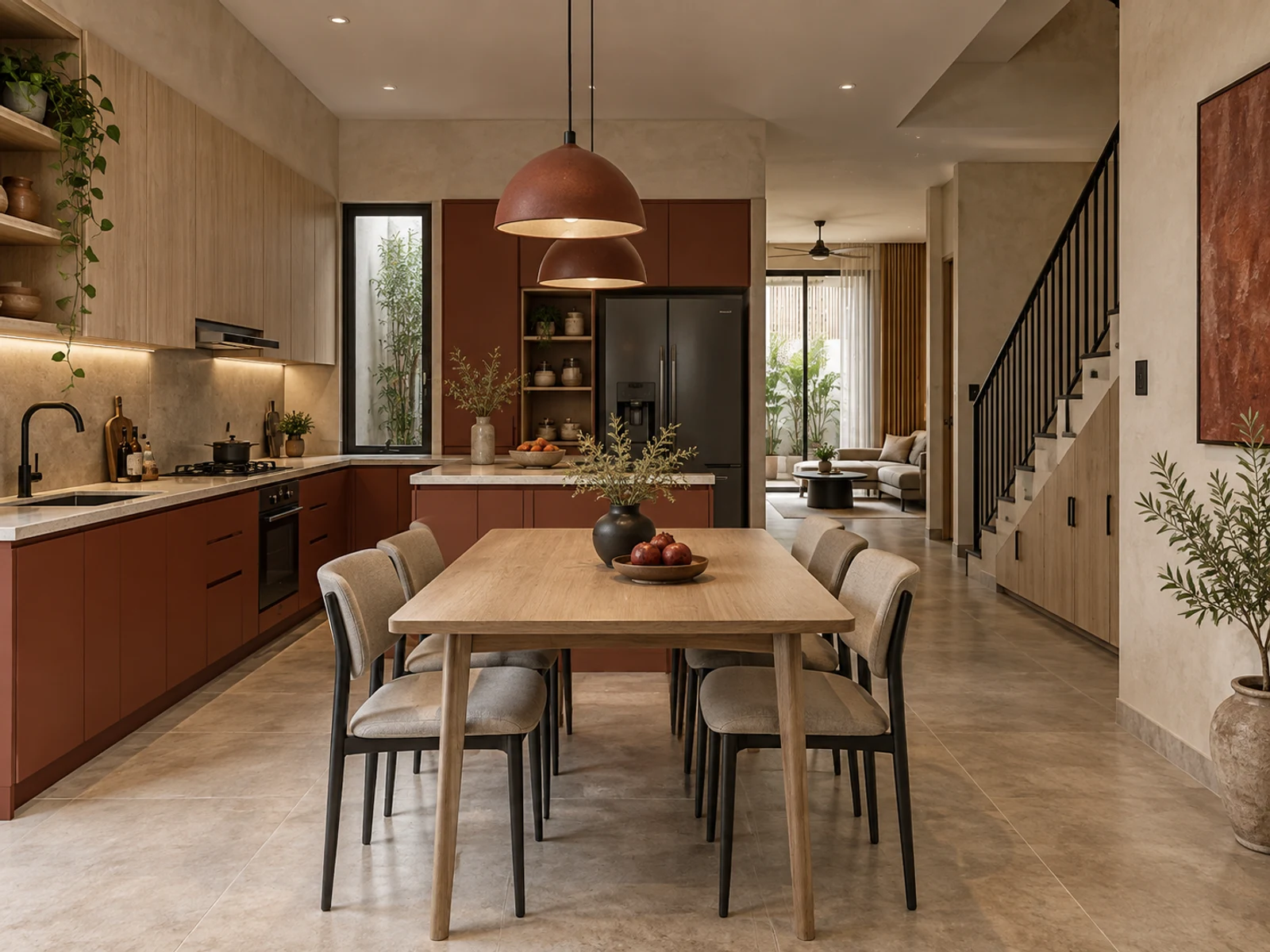 Nhà 2 tầng phong cách tối giản — bếp và bàn ăn
