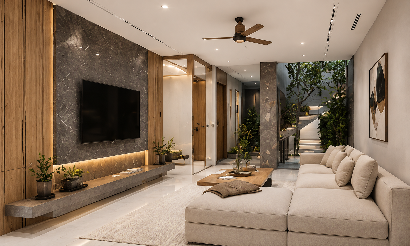 Phòng ăn với bàn gỗ 8 ghế và đèn thả hiện đại