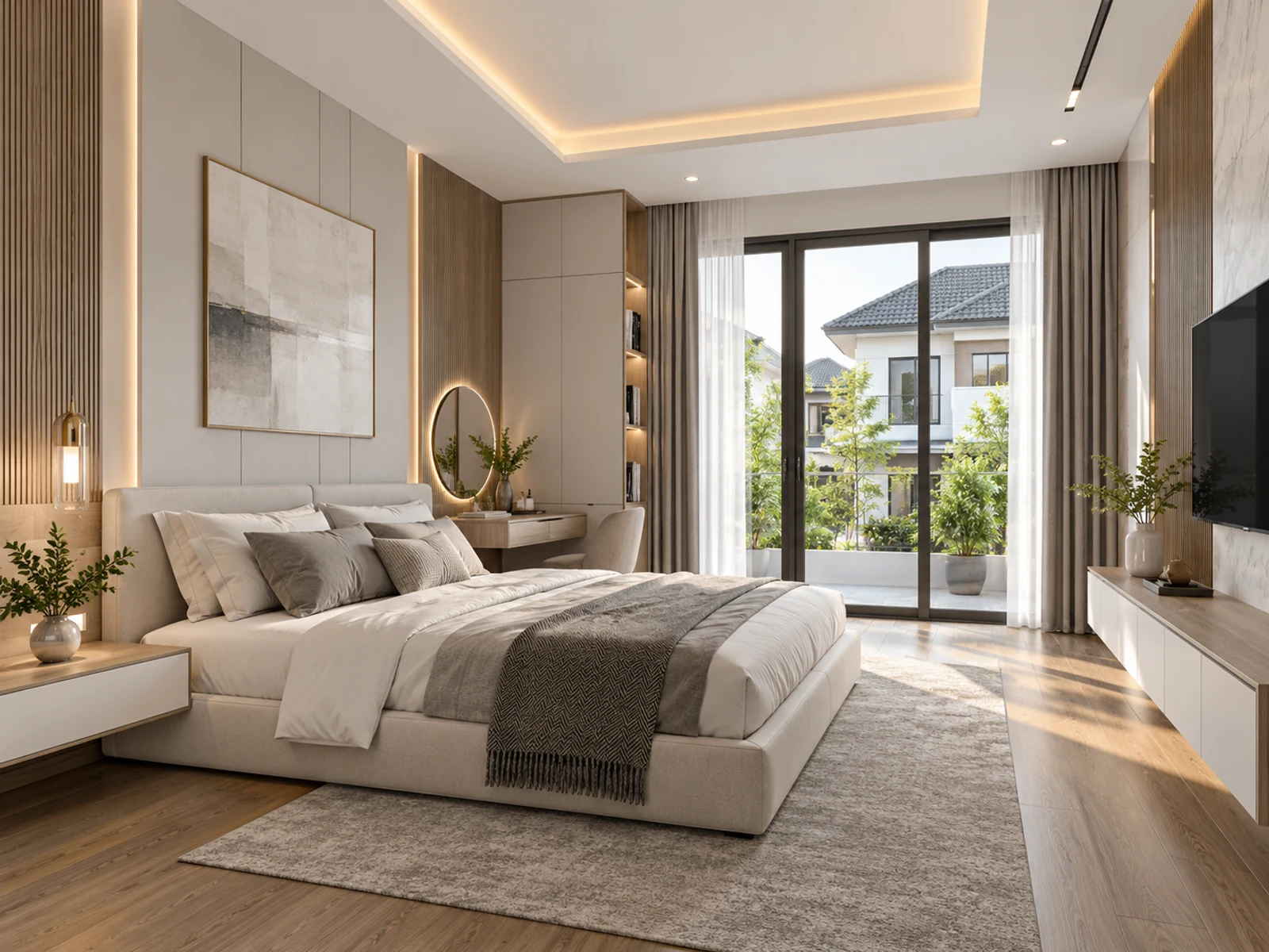 Thiết kế nhà mái Nhật 3 tầng lam gỗ dọc và vườn cây xanh 2024 — phong ngu master