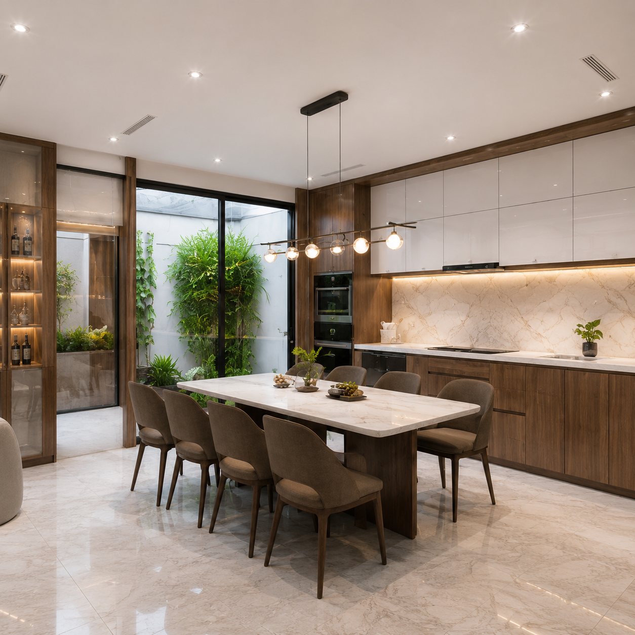 Phòng ngủ master với giường gỗ sồi, đèn ngủ đặt sàn và rèm linen