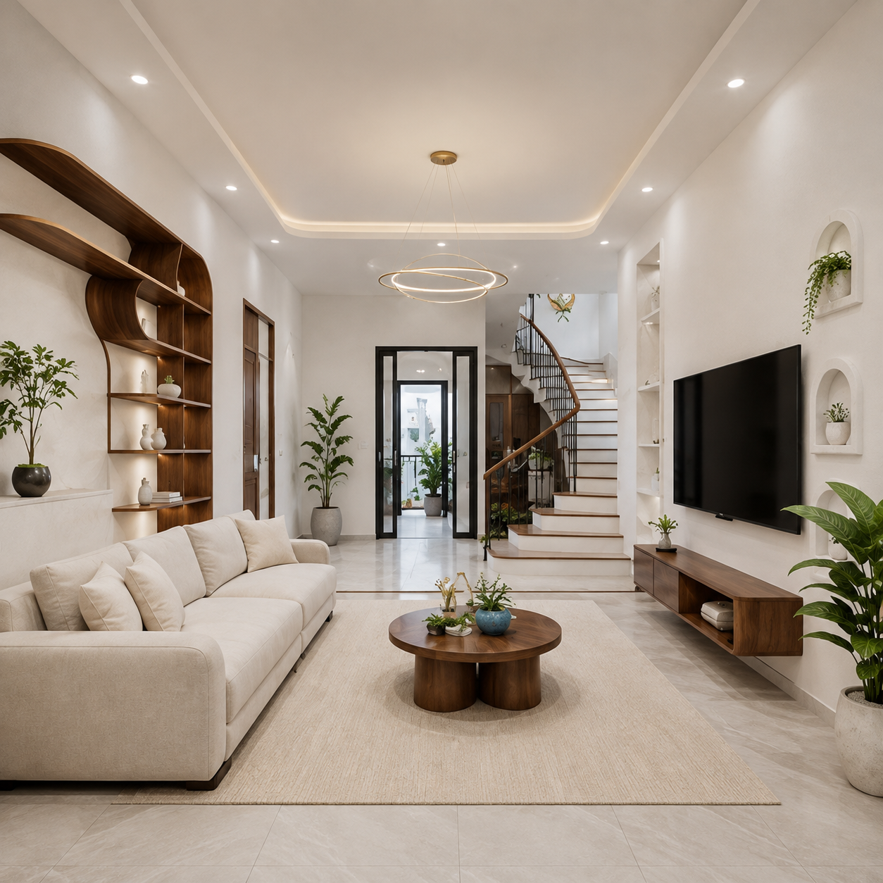 Phòng ăn với bàn gỗ nguyên khối và ghế mây đan tay
