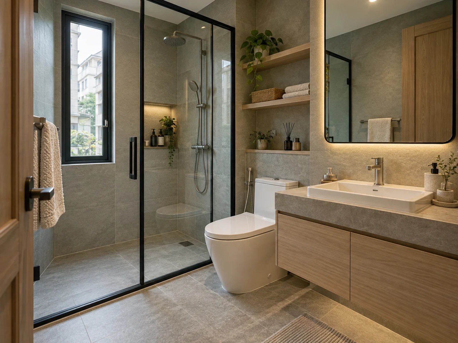 Nhà 3 tầng ban công cây thấp — phòng tắm