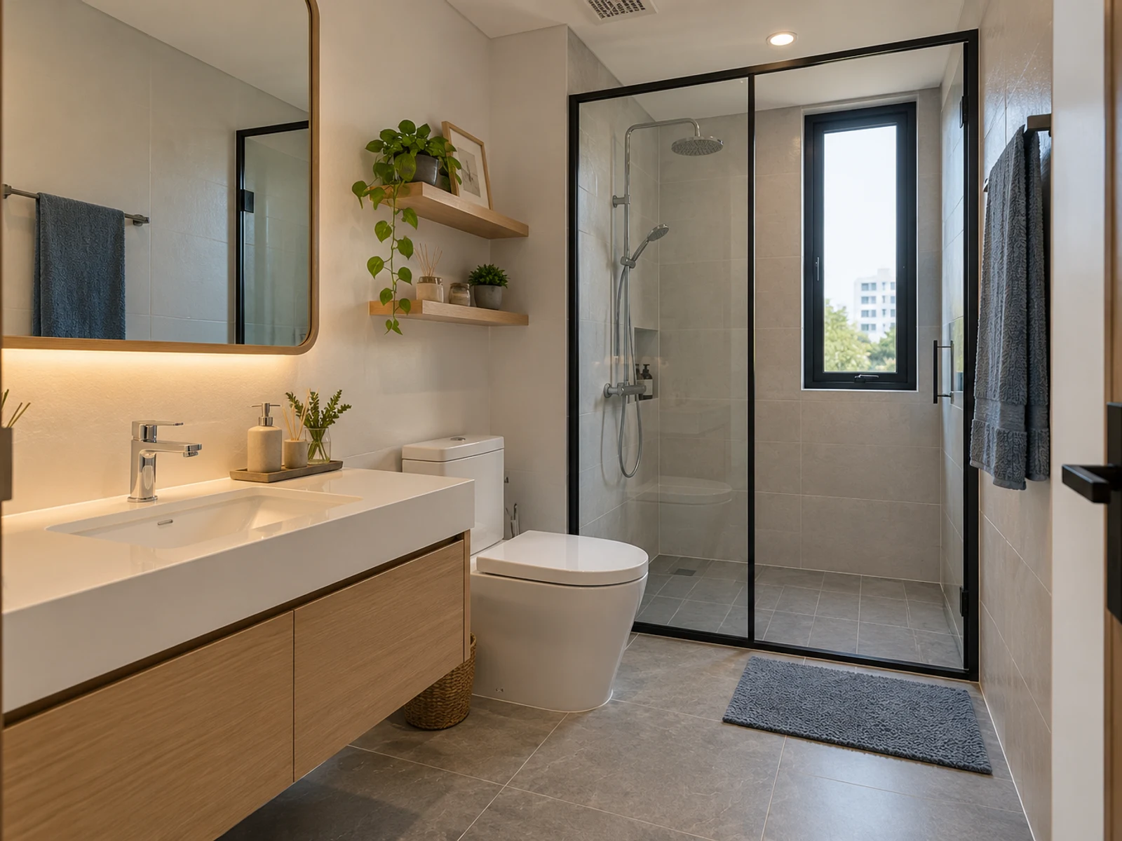Nhà 3 tầng mặt tiền trắng và gỗ — phòng tắm