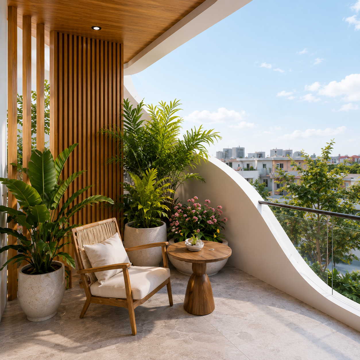 Phòng ngủ với giường gỗ tự nhiên và tủ quần áo âm tường
