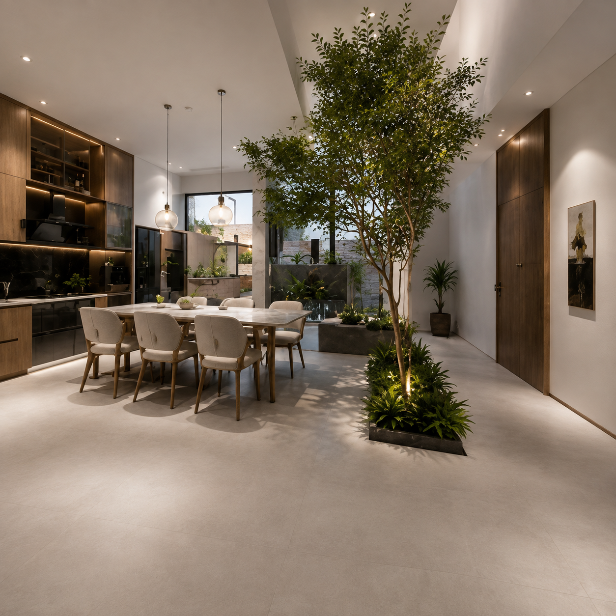 Bếp mở liền phòng ăn với tủ bếp trắng và mặt đá granite đen