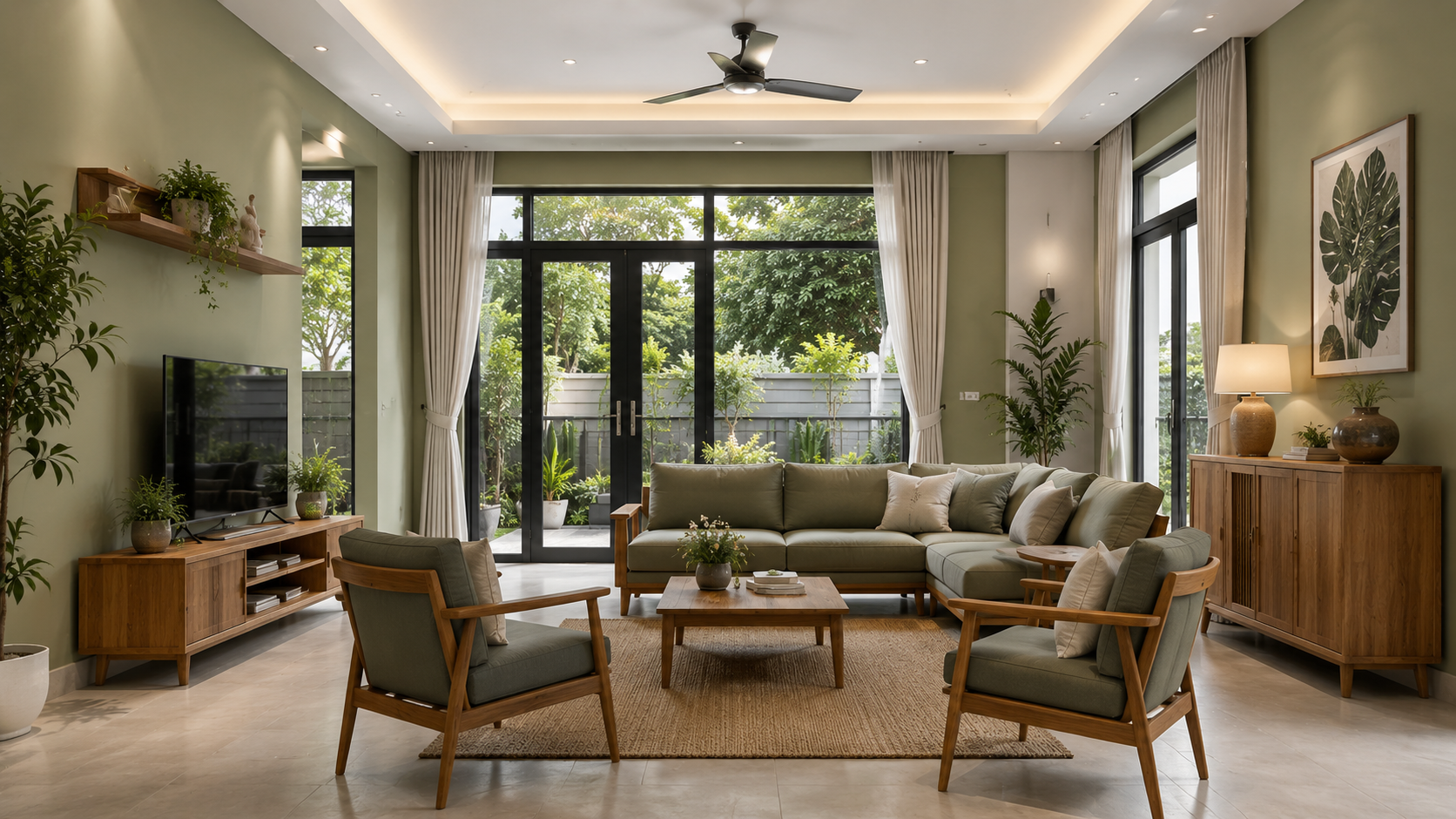 Phòng ăn với bàn gỗ 8 ghế và đèn thả mây đan