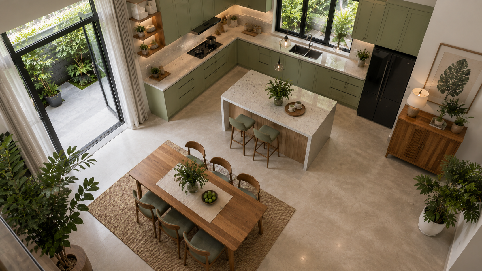 Phòng ngủ master với giường gỗ và rèm linen