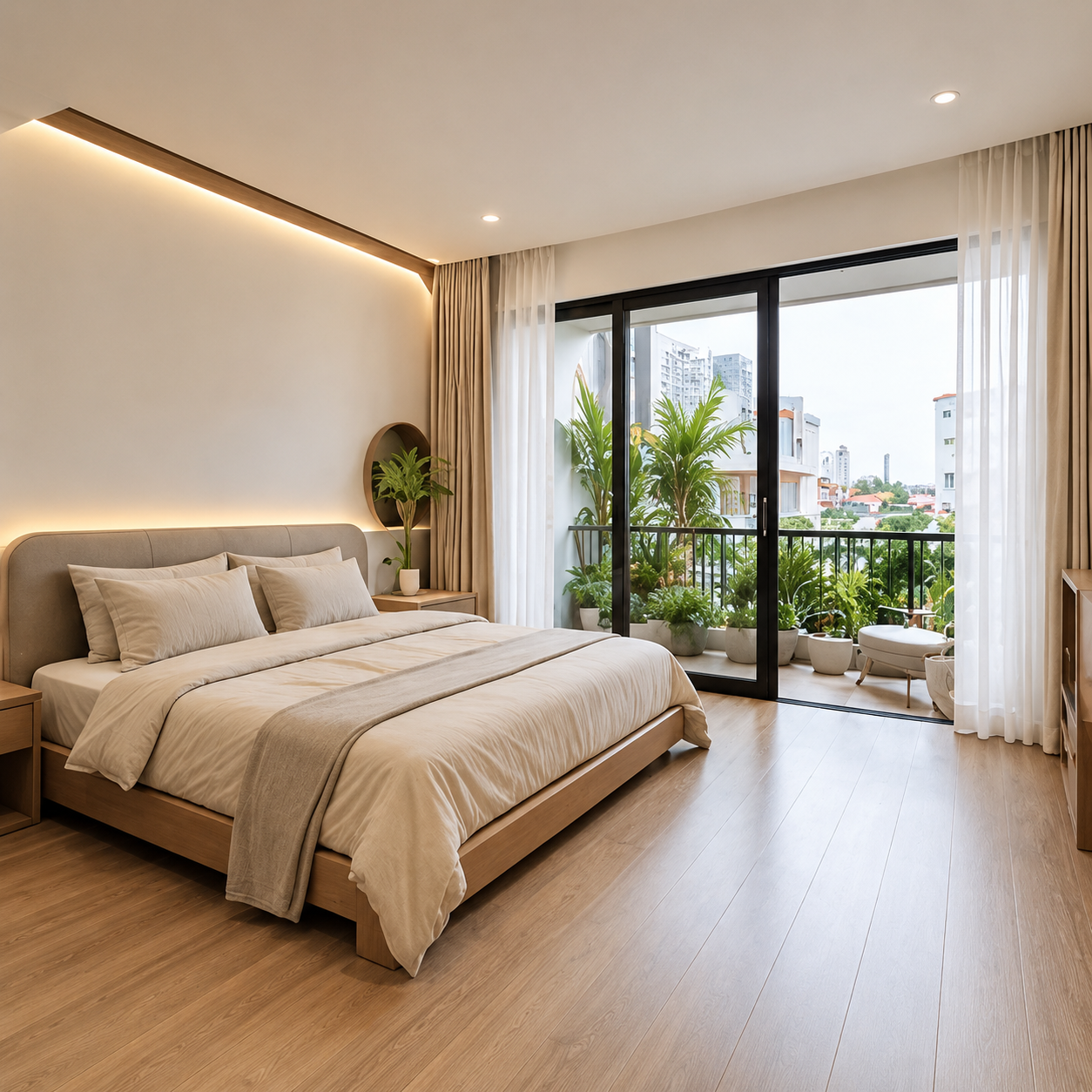 Cầu thang xoắn ốc bằng sắt sơn trắng và bậc gỗ