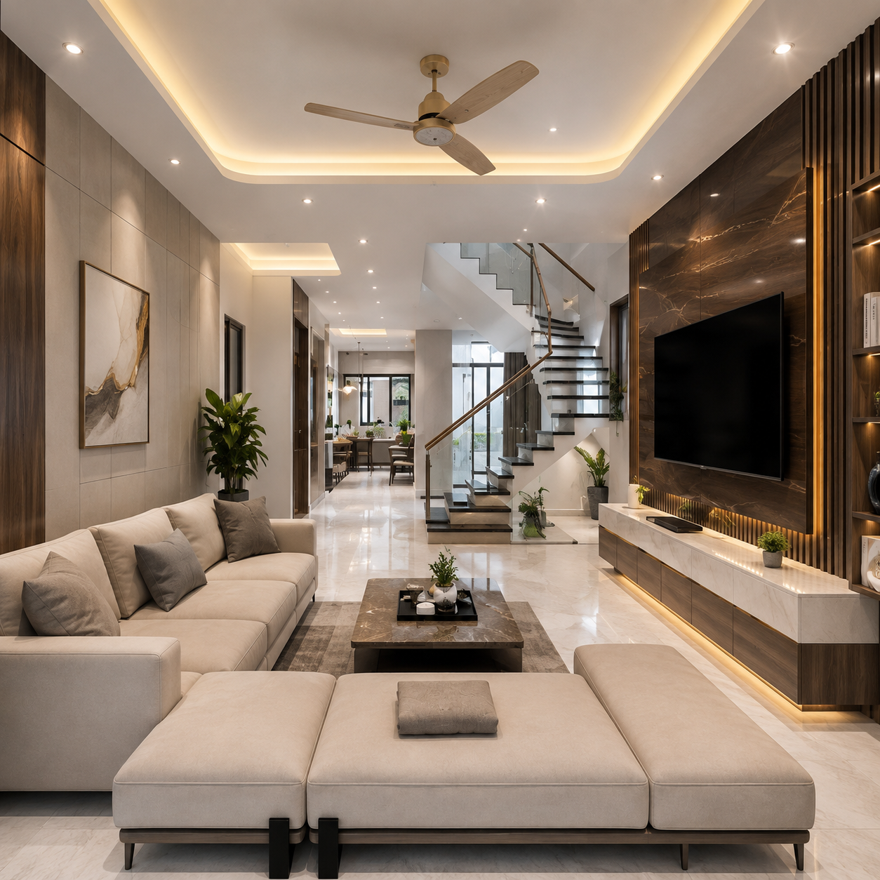 Cầu thang kính cường lực với tay vịn gỗ óc chó ở giữa nhà