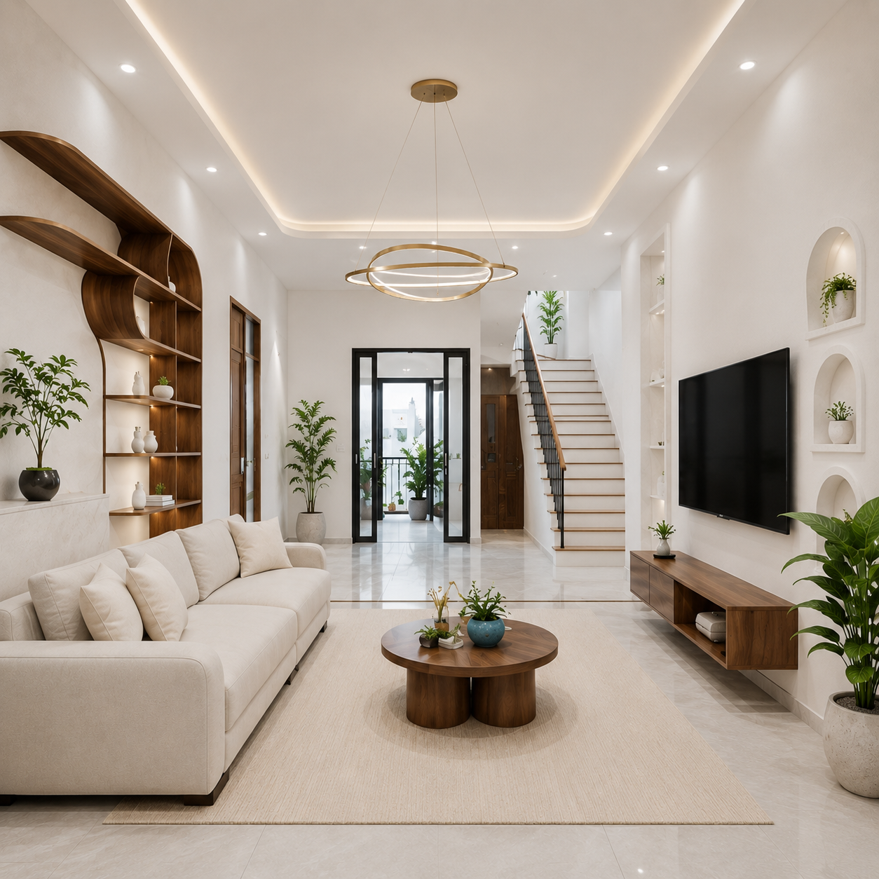 Phòng tắm với bồn tắm đứng riêng và cây xanh trang trí