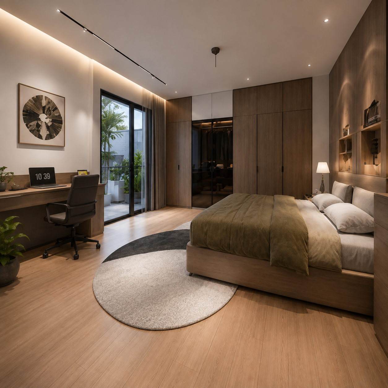 Phòng ngủ con với giường tầng gỗ tự nhiên và tủ quần áo nhiều ngăn