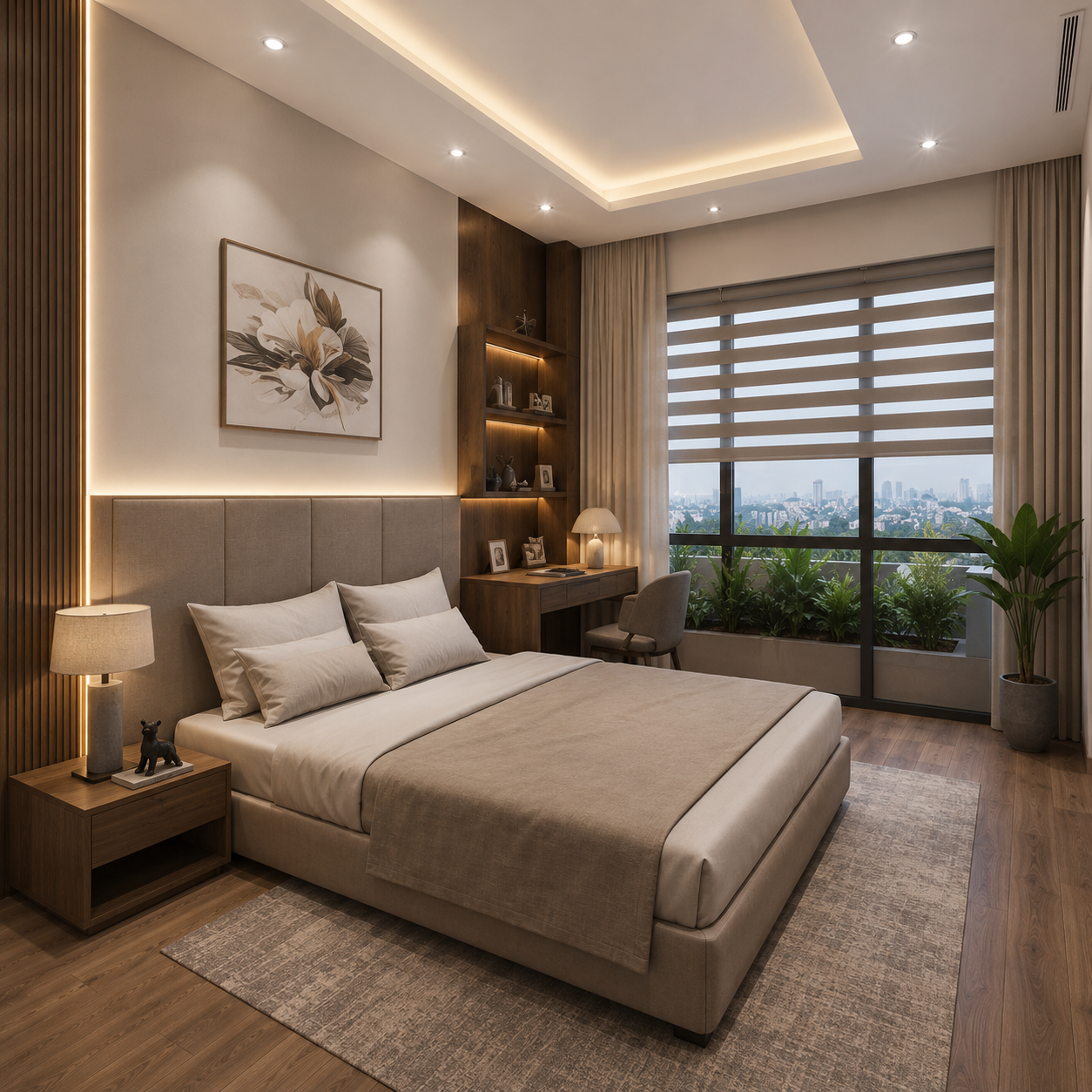 Phòng làm việc tại nhà với bàn gỗ dài dọc cửa sổ lớn