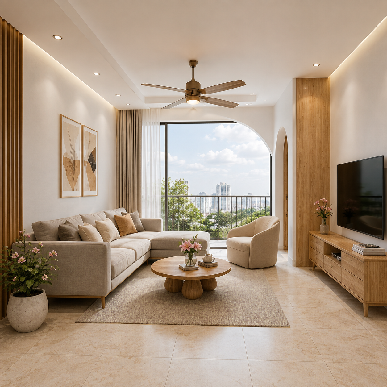 Phòng làm việc với bàn gỗ dài và kệ sách cao