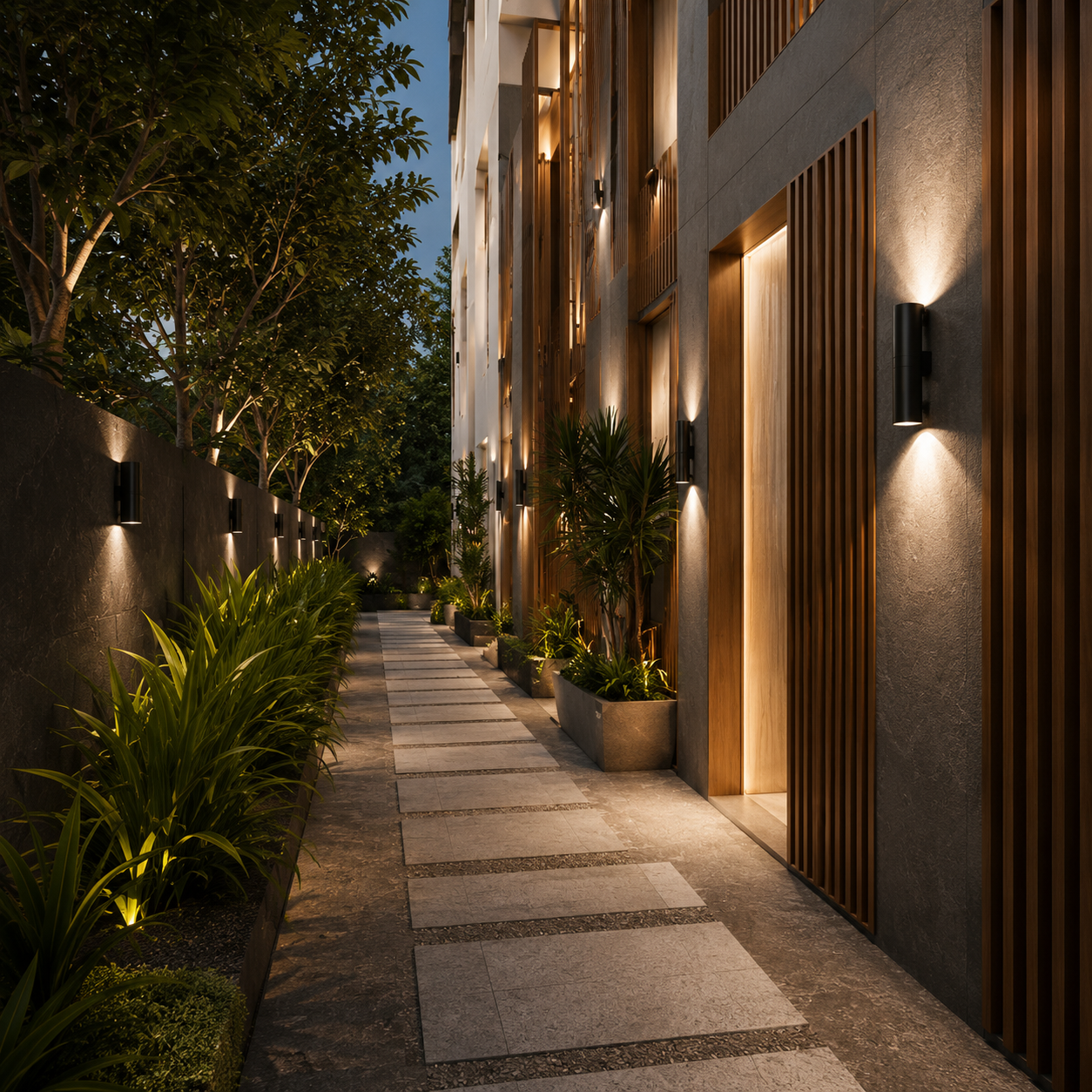 Hành lang tầng với đèn LED dọc và tranh treo tường
