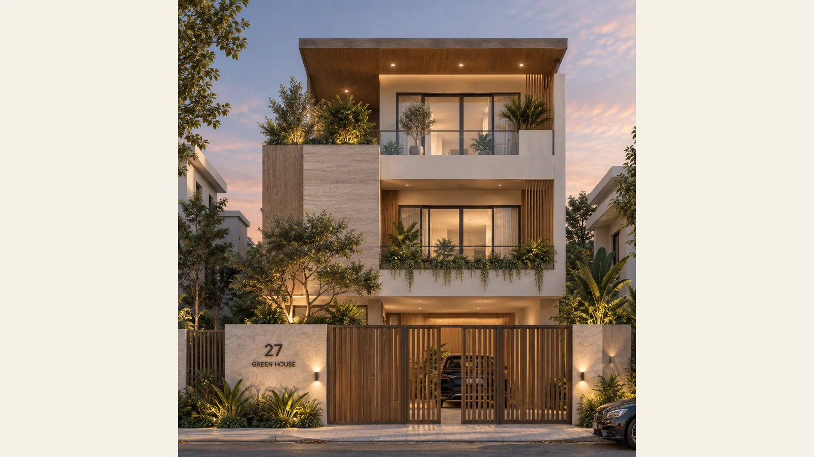 Nhà phố hiện đại 3 tầng "27 Green House" — mặt tiền gỗ tự nhiên, cổng gỗ dọc, ban công kính lớn và cây xanh