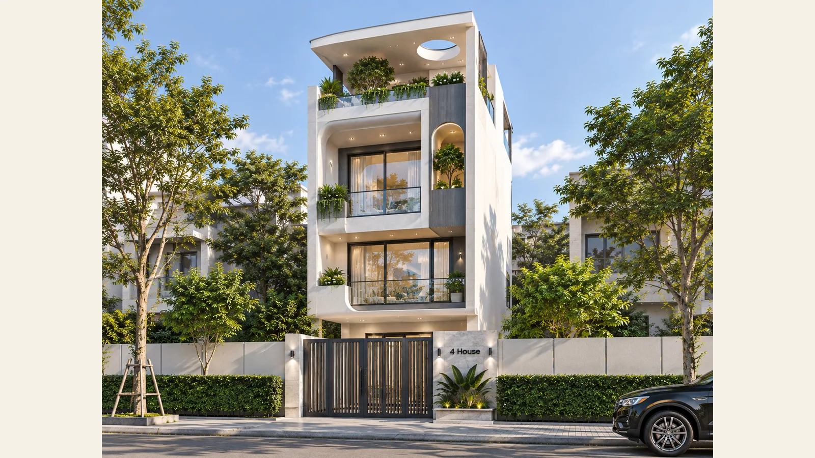 Nhà phố hiện đại 3 tầng + tum "4 House" — mái bằng có ô tròn skylight, ban công cây xanh rậm, mặt tiền trắng uốn cong