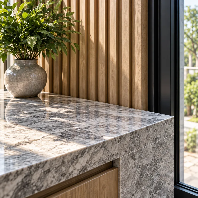 Chi tiết mặt đá granite xám — ốp tường gỗ dọc và chậu cây xanh, kết hợp bàn đảo gỗ tự nhiên