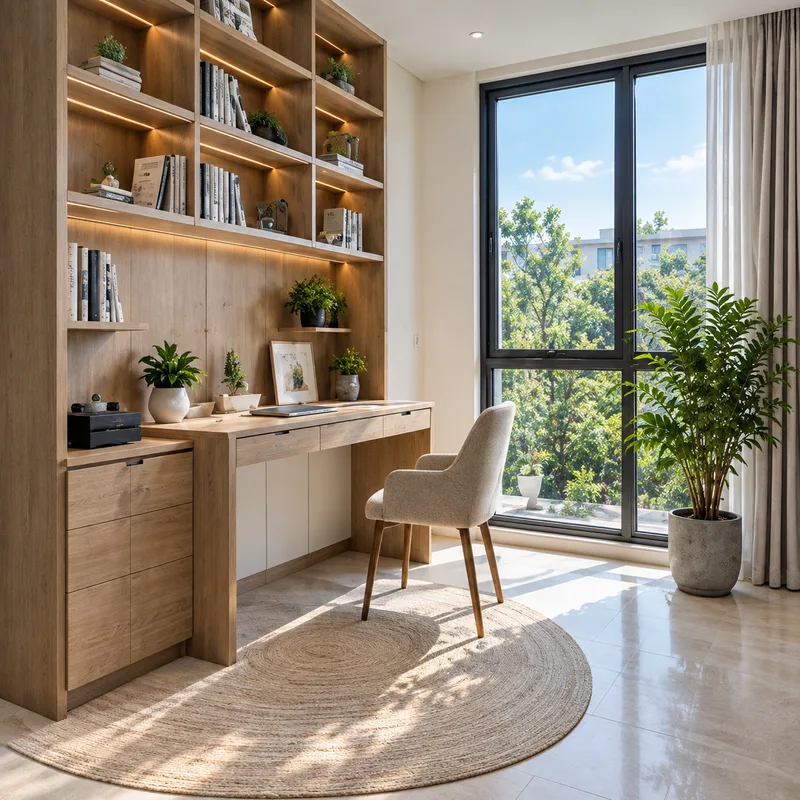 Góc làm việc kết hợp thư viện gỗ — kệ sách tích hợp, bàn dài và ghế bành, cửa sổ lớn nhìn vườn