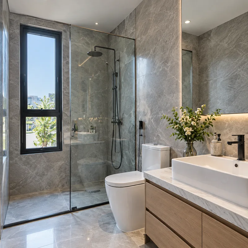 Phòng tắm marble xám — kính tắm đứng riêng biệt, bồn cầu treo tường và chậu rửa trên bàn đá