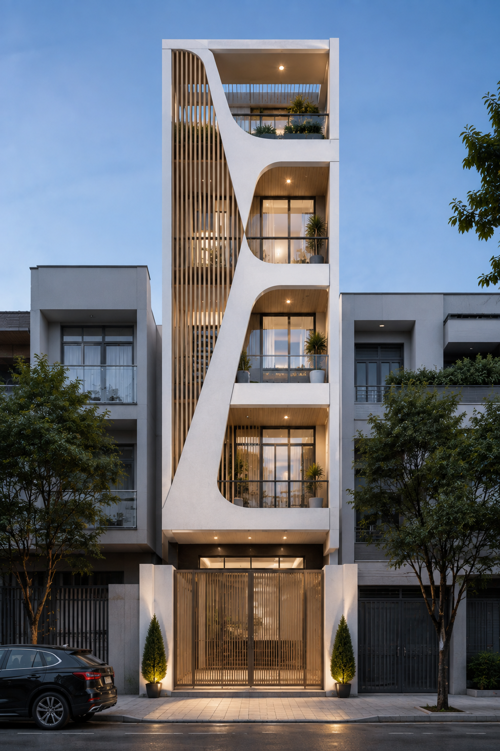 Thiết kế nhà ống 4 tầng facade sóng uốn lượn
