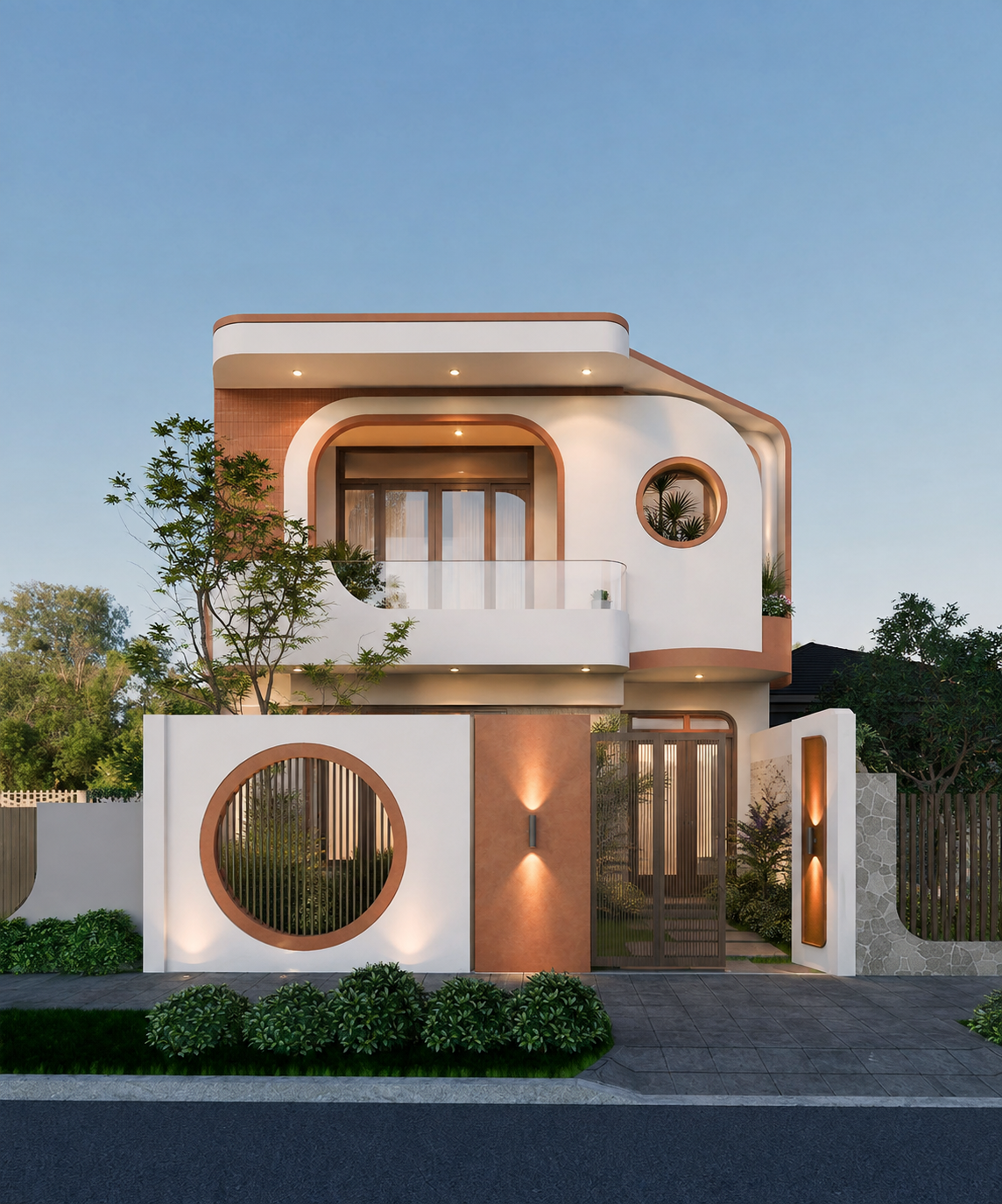 Thiết kế nhà vườn 2 tầng cửa sổ tròn terracotta Organic Curve 2024