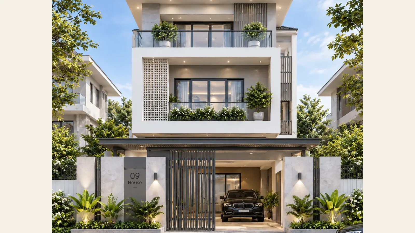 Nhà phố hiện đại 3 tầng mái Nhật (09 House) — ô thoáng gỗ, ban công cây xanh và cổng sắt
