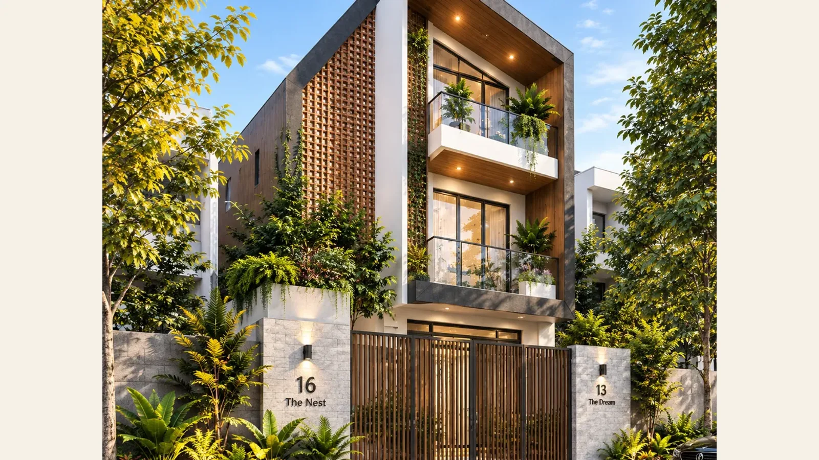 Nhà phố hiện đại 3 tầng (16 The Nest / 13 The Dream) — tường gạch thông gió kết hợp gỗ và cây leo