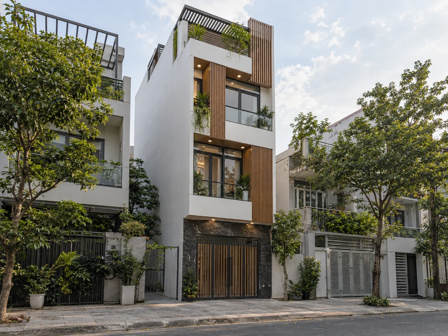 nhà phố hiện đại nhiều tầng với mặt tiền hẹp, lam gỗ và cửa nhôm kính