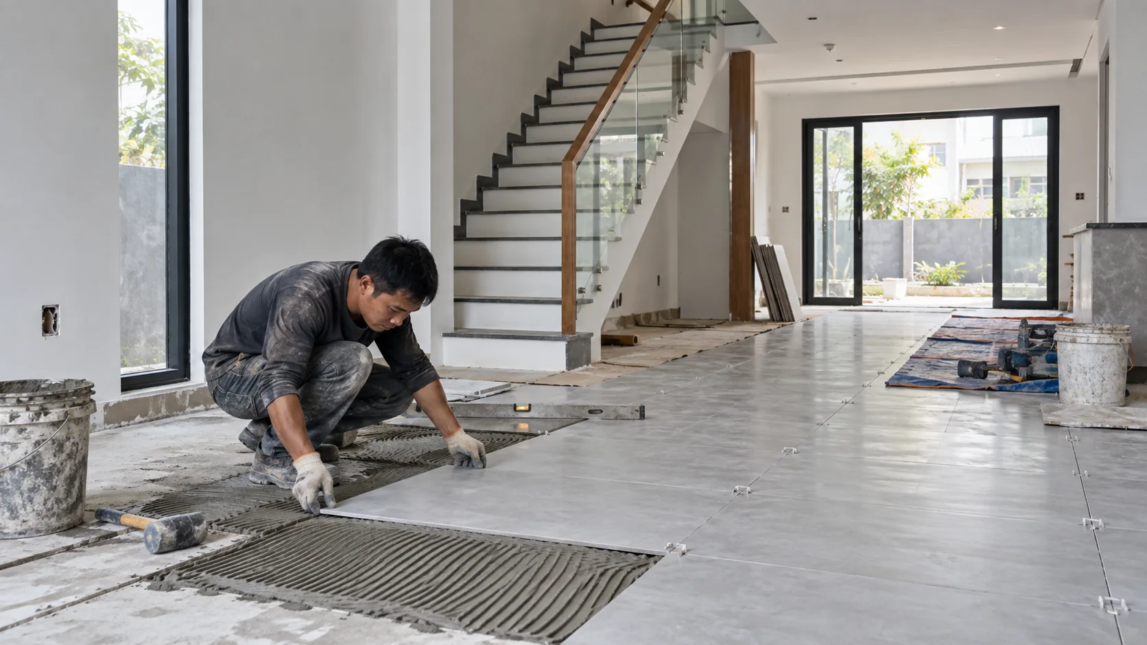 thi công phần hoàn thiện: thợ đang ốp lát nền, cửa kính và cầu thang đã lắp đặt