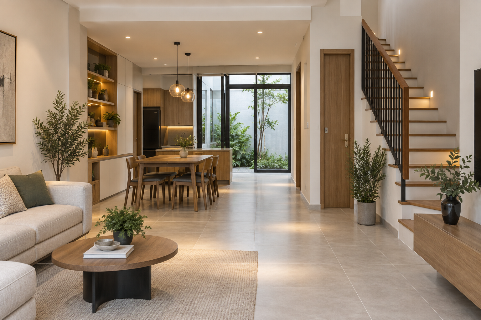 Phối cảnh nhà phố đã hoàn thiện với sàn lát, tường sơn, cửa gỗ và cầu thang