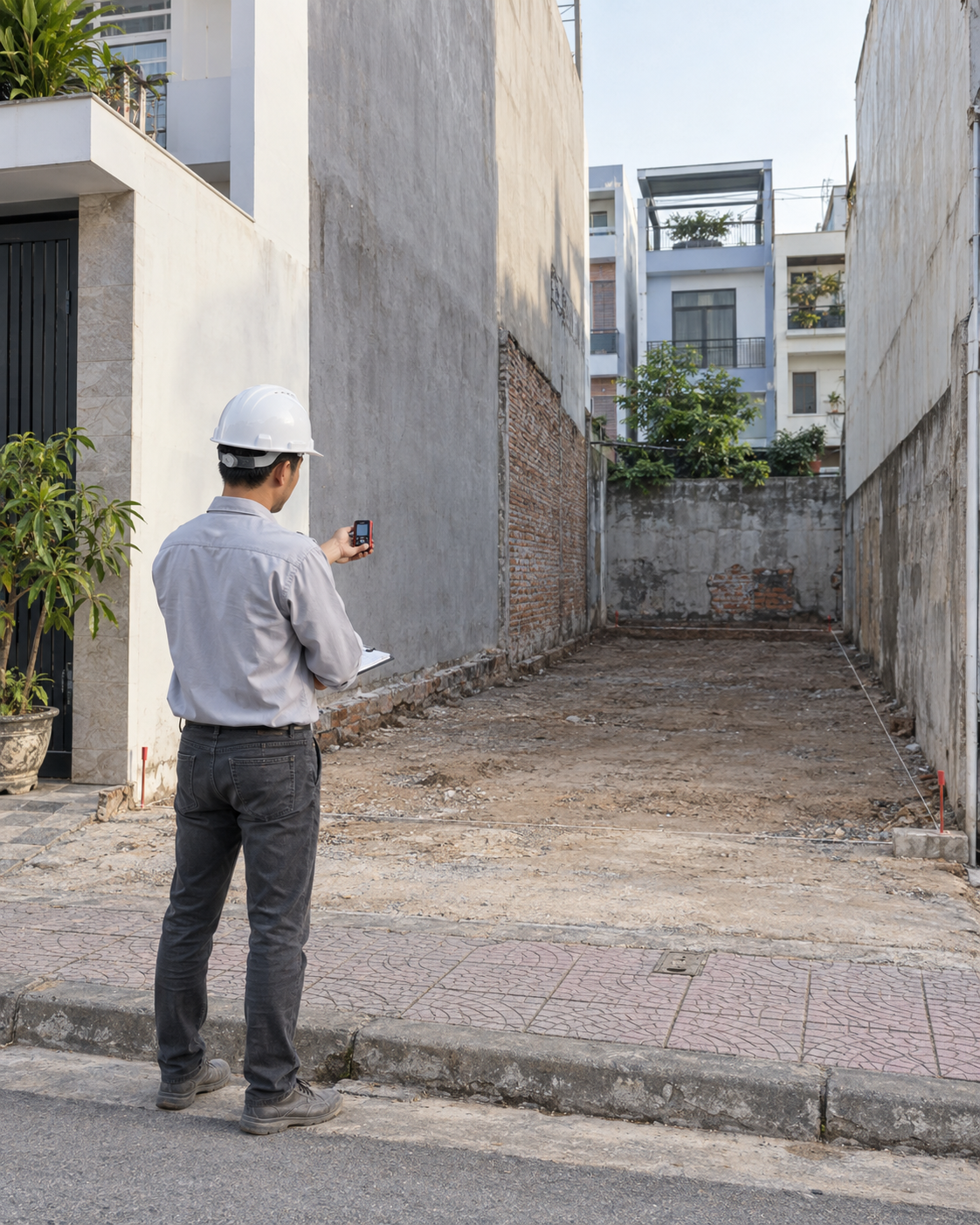 Kỹ sư khảo sát lô đất nhà phố trước khi lập báo giá thi công